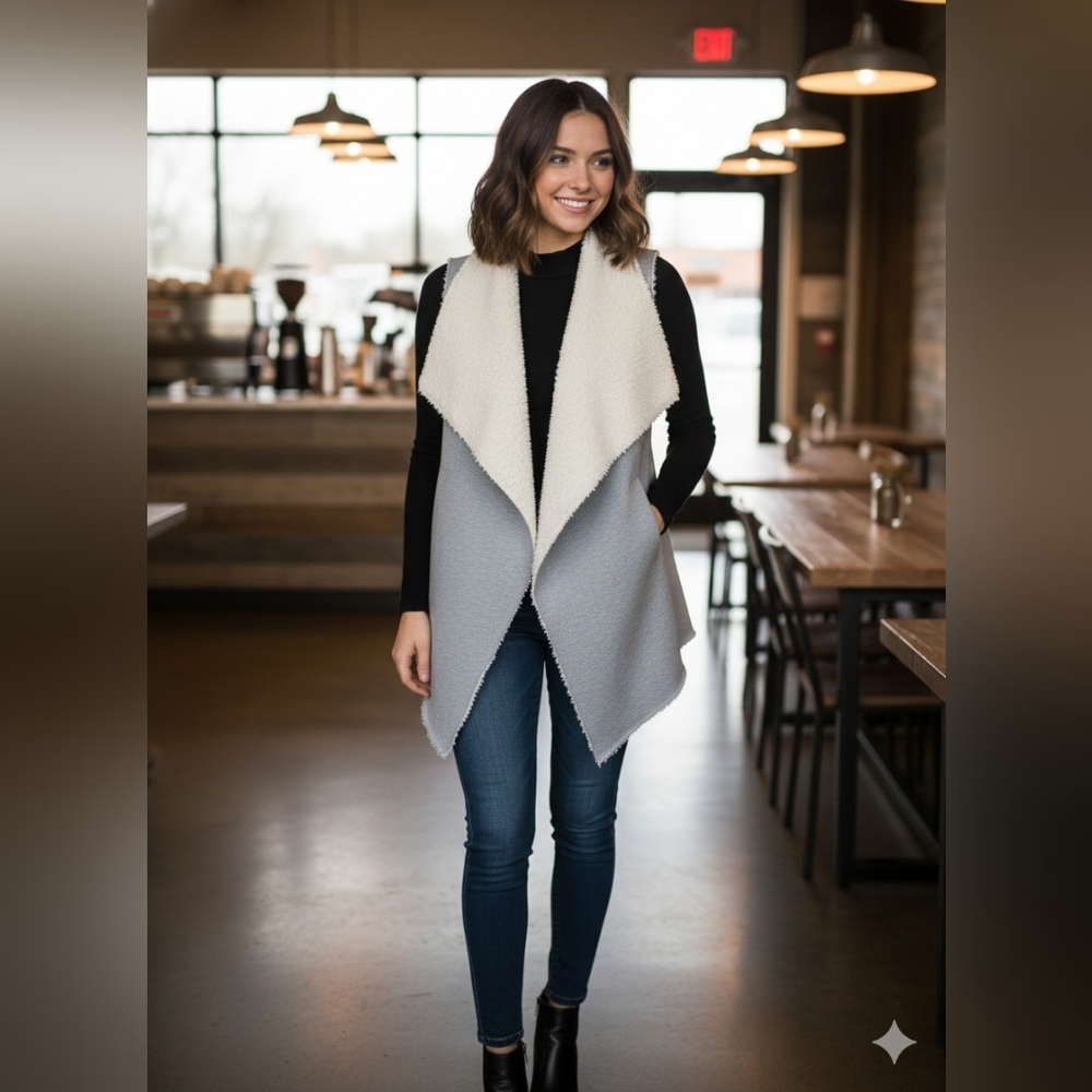 Women's Gray and Cream Open Front Sweater Vest